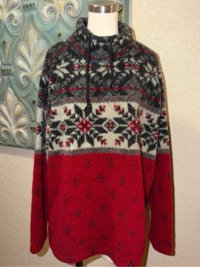 Vintage 90s Real Comfort Fleece L Fair Isle Snowflake Ski Lodge USA Pullover